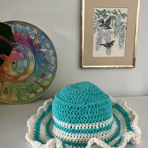 Blue and White Crocheted Sun Hat with Floppy Brim